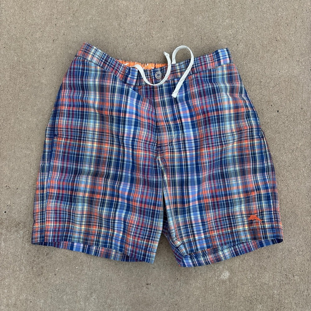Tommy Bahama Swim Trunks Mens Medium Blue Plaid Mesh Lined Drawstring Shorts‎